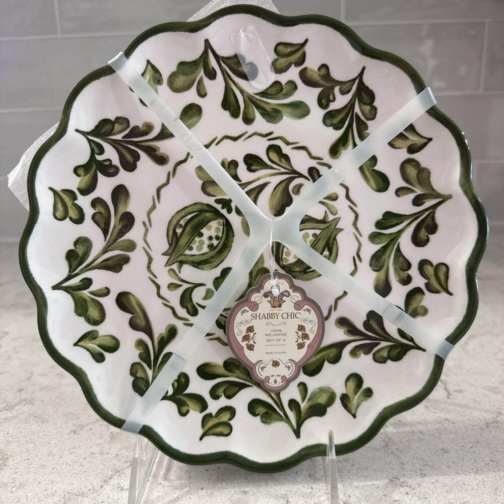 Set 4 9" Melamine Salad Plates Green Scallop Botanical Cottage Shabby Chic NEW